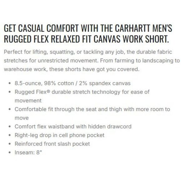 Carhartt Rugged Flex Size 32 Relaxed Fit Bin Canvas Short 8" NWT $45 - Picture 6 of 13
